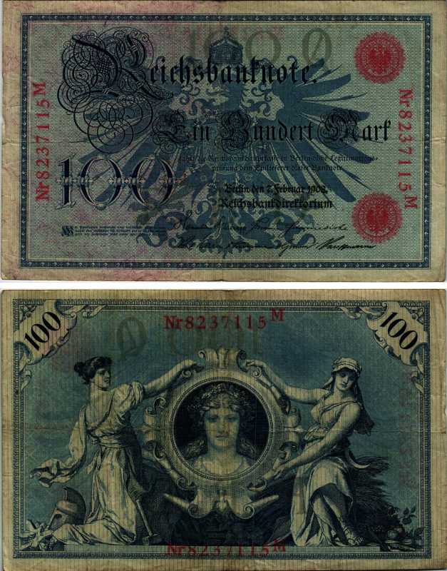 ГЕРМАНИЯ 100 МАРОК 1908 7 ФЕВРАЛЯ 1908, КРАСНАЯ ПЕЧАТЬ, ДЛИННА НОМЕРА СЕРИИ 29 ММ. Pick 33а бумага 6318-17-2-1