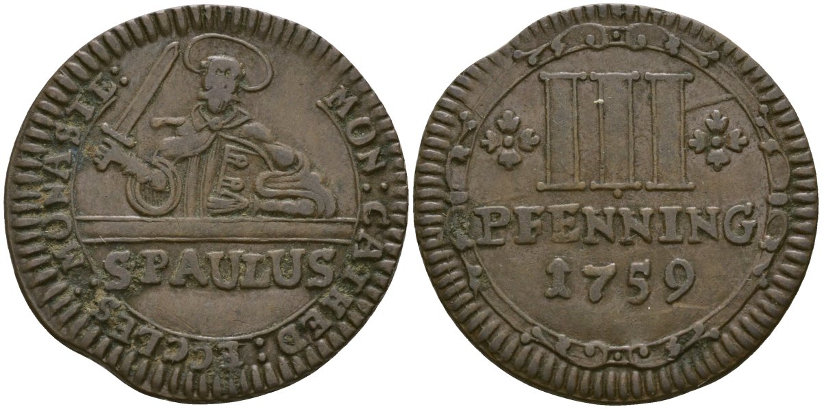 Мюнстер 3 пфеннига 1759 KM 430 медь 272-241