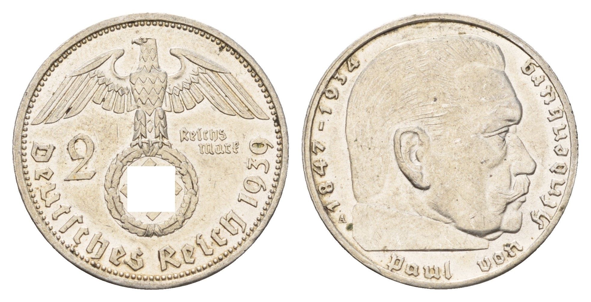 Германия 2 рейхсмарки 1939 A, Пауль фон Гинденбург (1847-1934) KM 93, J. 366 серебро 633-812