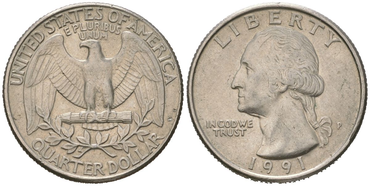 США 25 центов = квотер = 1/4 доллара 1991 P, Джордж Вашингтон KM 164a медь плакированная медно-никелем 216-726