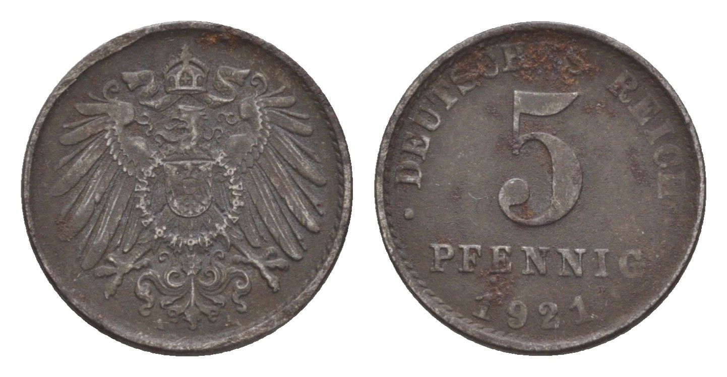 Германия 5 пфеннигов 1921 A KM 19, J. 297, Weege 5 железо плакированное цинком 4640-167