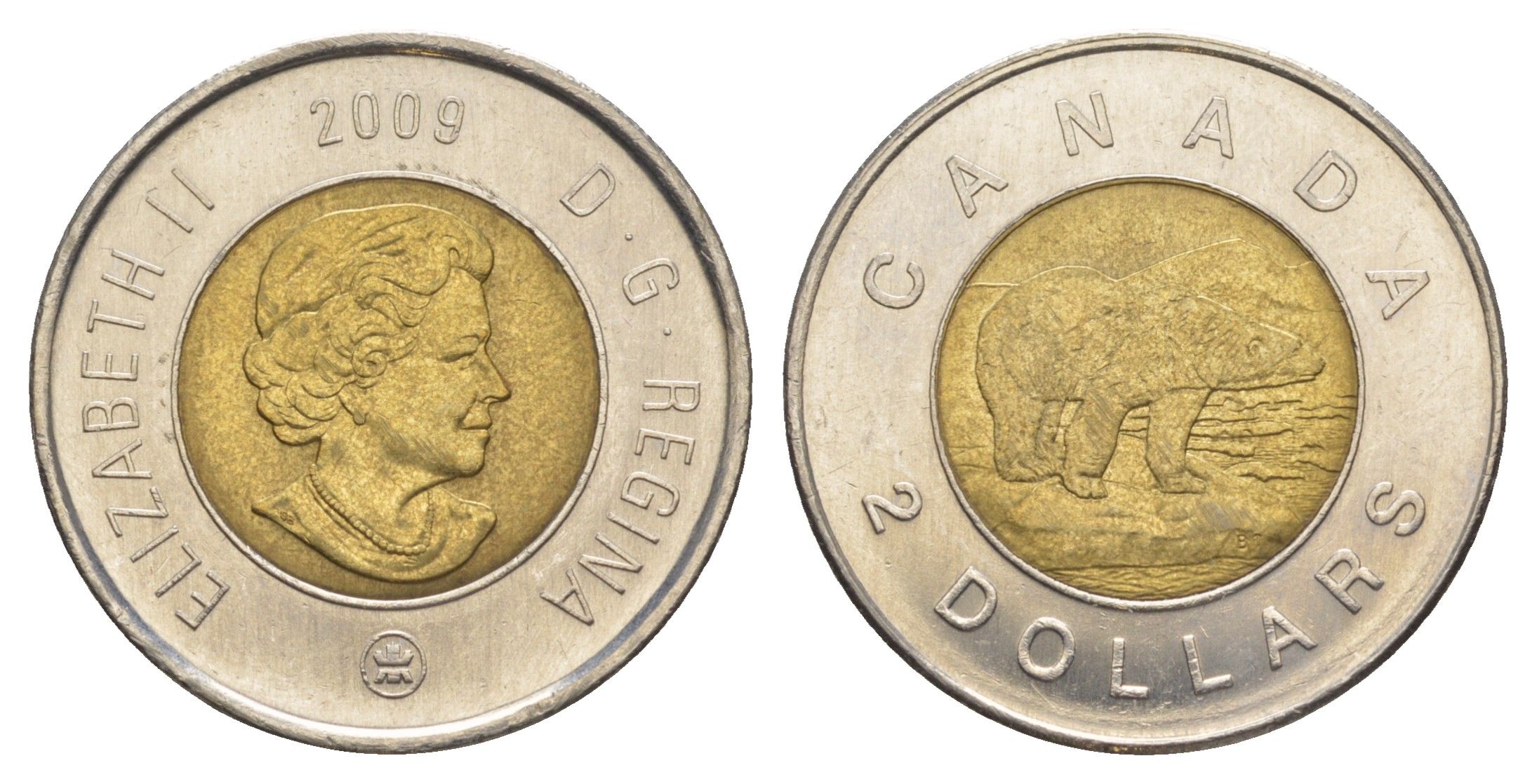 Канада 2 доллара 2009 Leaf, Елизавета II (1952-2022), полярный медведь KM 837 биметалл 4637-1036