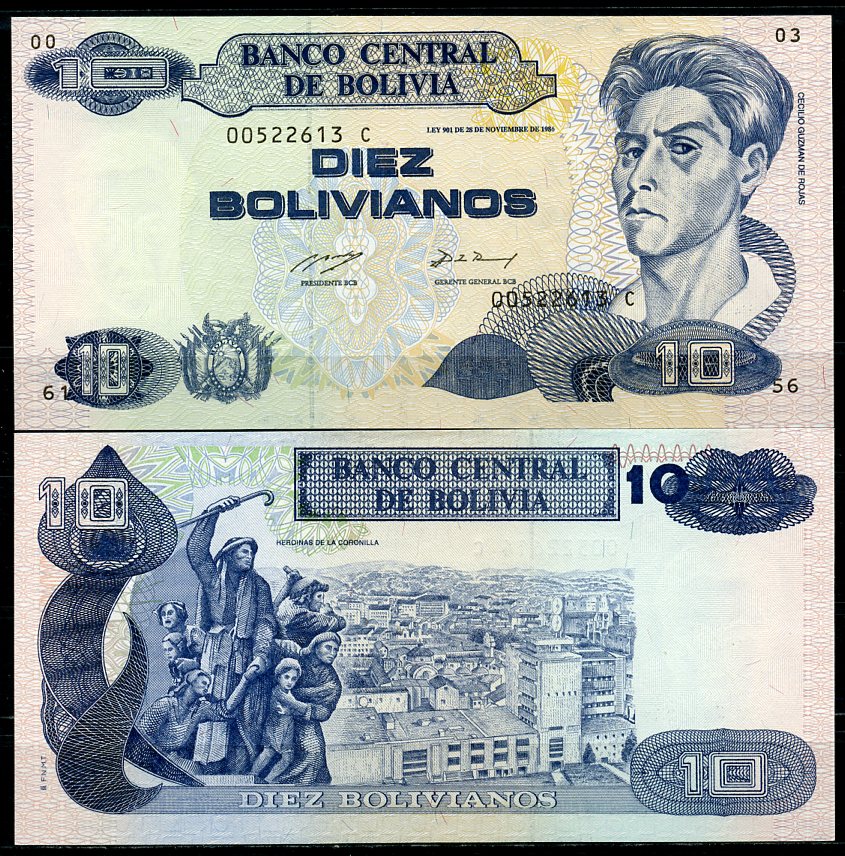 Боливия 10 боливиано 1986 (1993) серия C, Сесилио Гусман де Рохас, FNMT Pick 210 a  бумага  UNC (пресс) 451-777-2