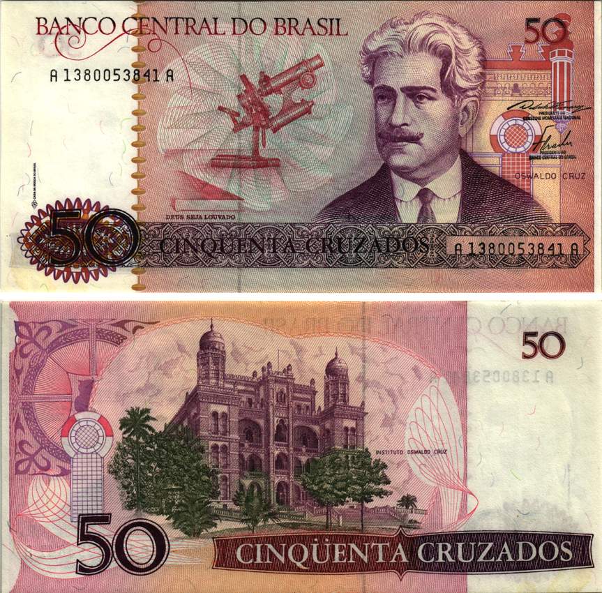 БРАЗИЛИЯ 50 КРУЗАДО 1986 ПОДПИСЬ 23, СЕРИЯ А13800, ОСВАЛЬДО КРУЗ Pick 210а бумага UNC (ПРЕСС) 8615-27-2-1
