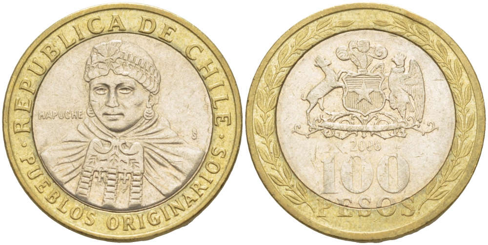 Чили 100 песо 2008 индейцы Мапуче KM 236 биметалл 4541-122