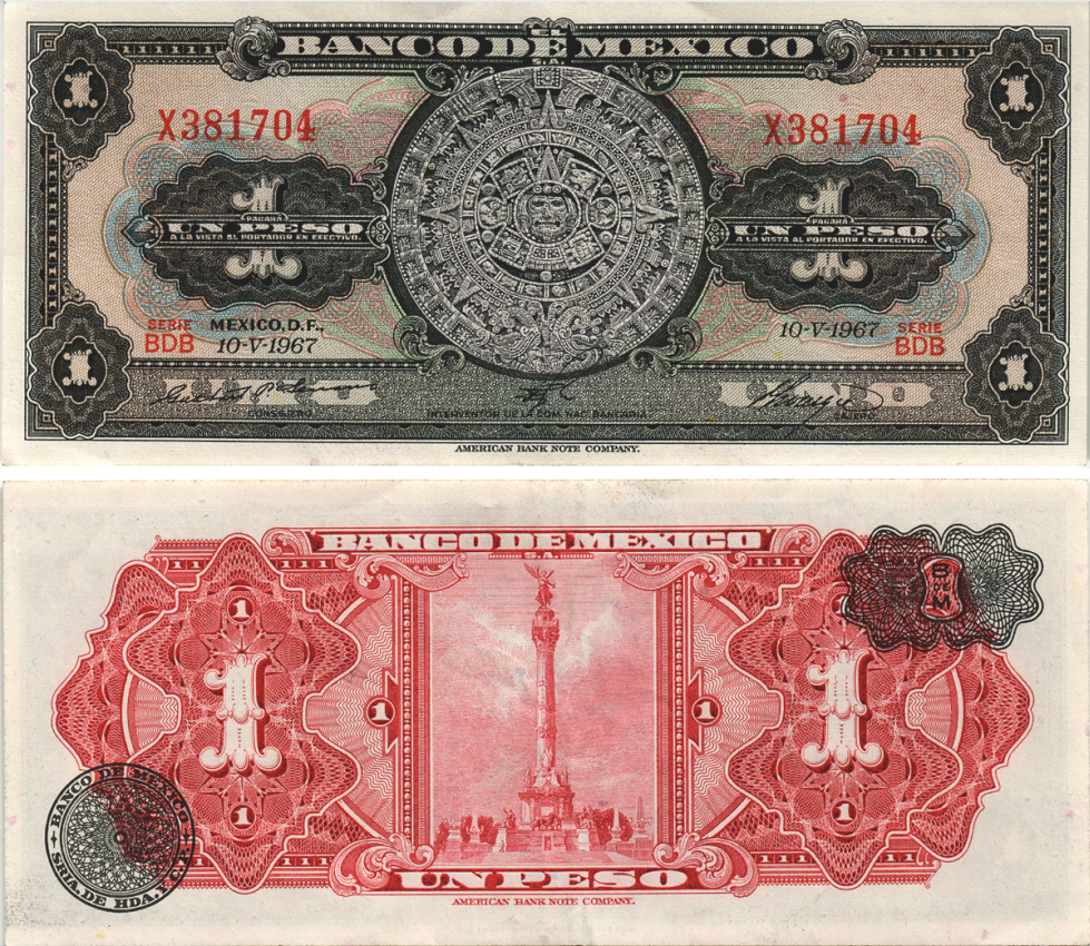 Мексика 1 песо 1967 ацтекский календарь Pick 59j бумага 444-53-3