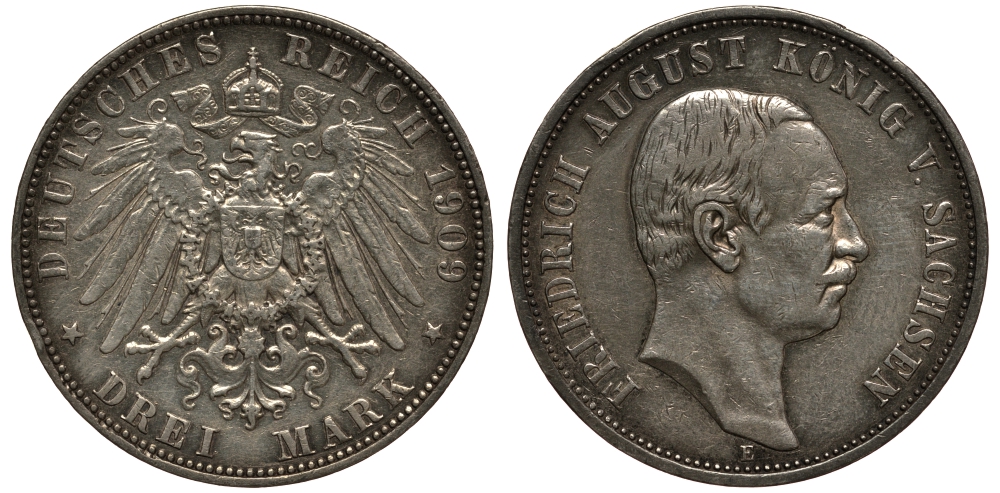 Саксония 3 марки 1909 Е, Фридрих Август III (1904-1918) Weege 132, J. 135, KM 1267 серебро 3711-1325
