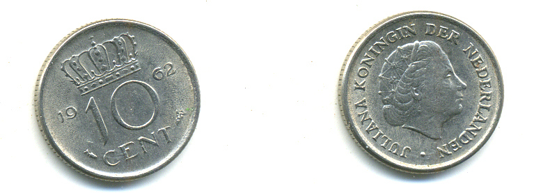 НИДЕРЛАНДЫ 10 ЦЕНТОВ 1962 ЮЛИАНА KM 182 никель 83-963