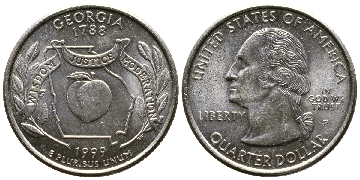 США 25 центов = квотер 1999 Р, серия штаты США, Джорджия KM 296 медь плакированная медно-никелем 56-311