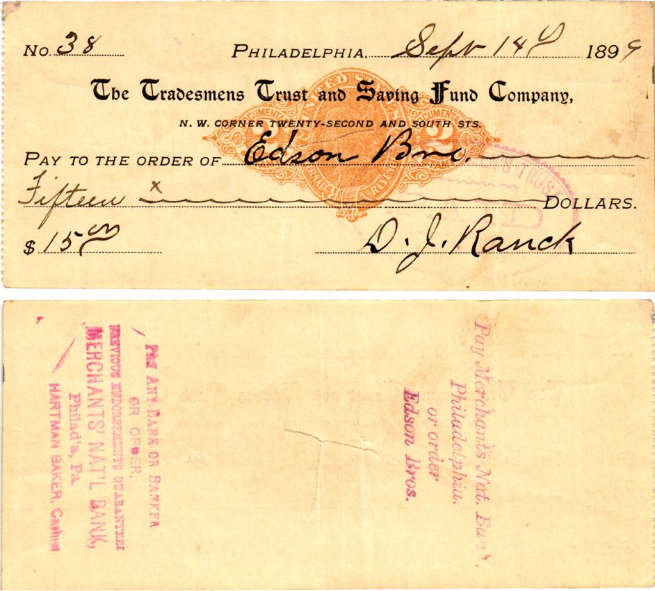 США чек на 15 долларов 1899 Филадельфия бумага 3295-36-1-2