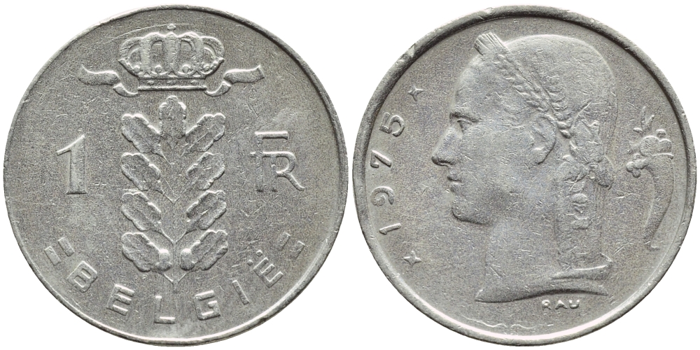 Бельгия 1 франк 1975 Belgie, Бодуэн I (1951-1993) KM 143.1 медно-никель 4382-1052