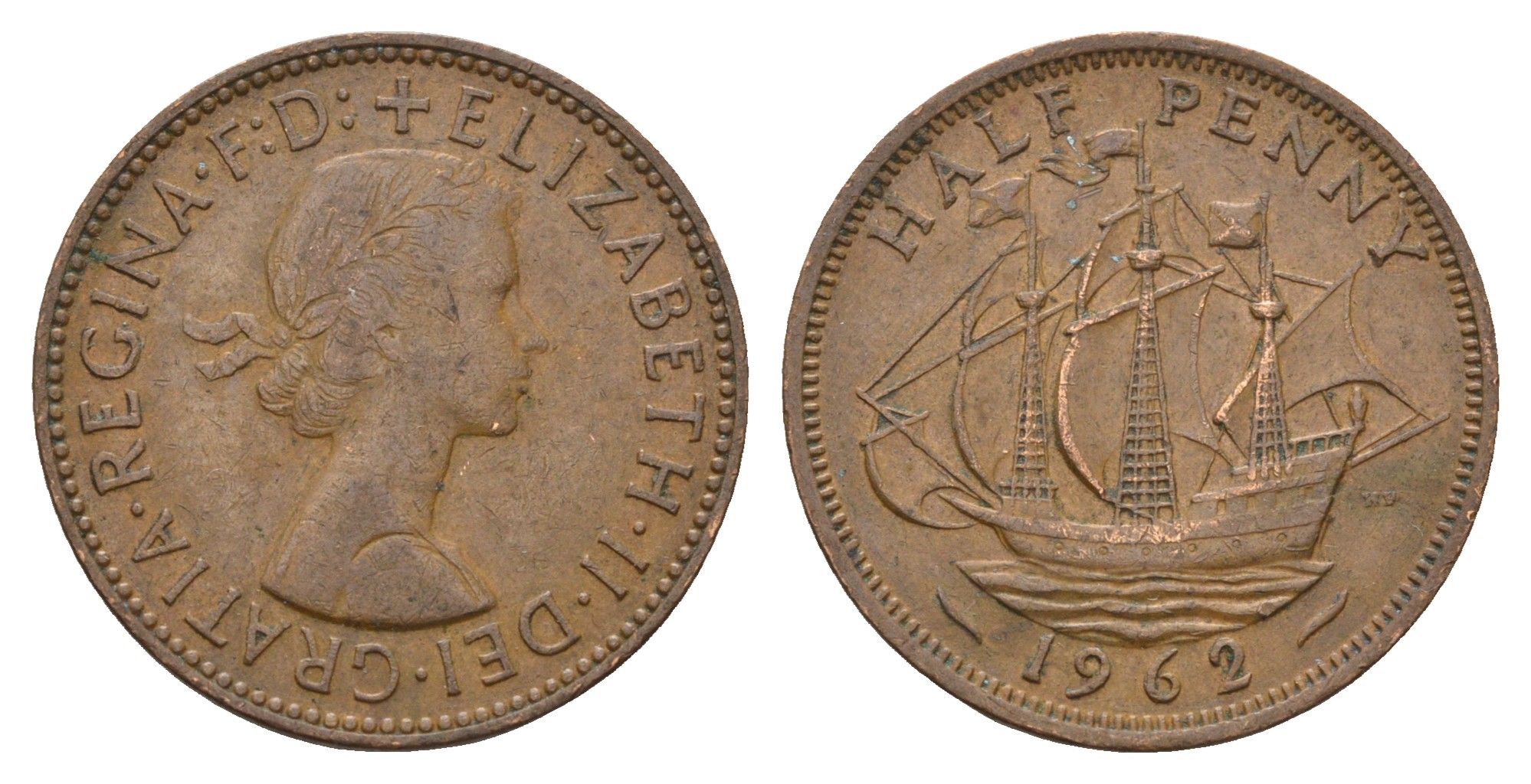 Великобритания 1/2 пенни 1962 Елизавета II (1952-2022) KM 896, Spink 4158 бронза 4675-431