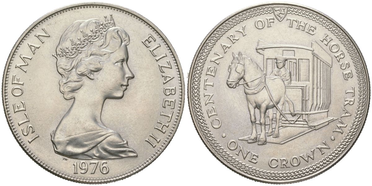 Остров Мэн 1 крона 1976 100 лет Конной железной дороге KM 38 медно-никель BU 00-1067-5-13