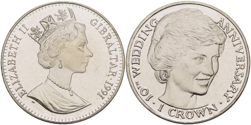 Гибралтар 1 крона 1991 10 лет королевской свадьбы, принцесса Диана KM 85 медно-никель UNC 4527-334