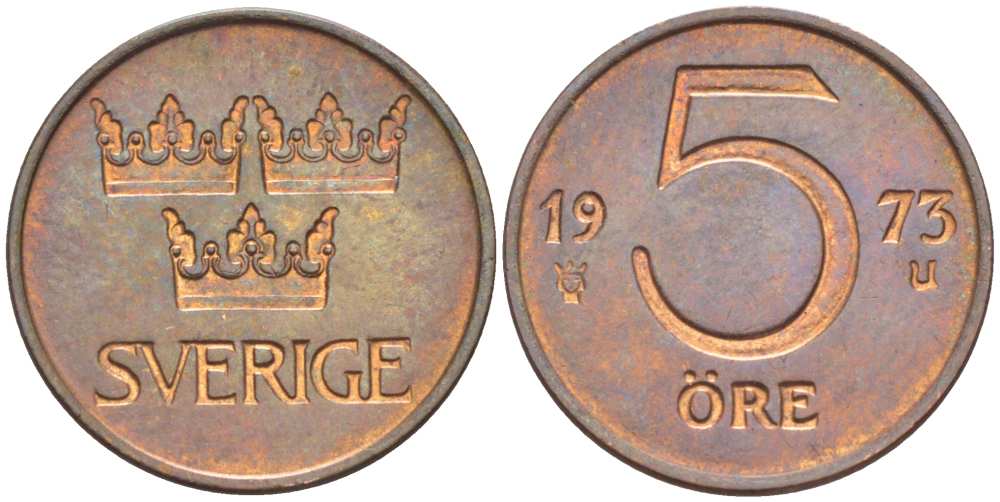 Швеция 5 эре 1973 U, Густав VI Адольф (1950-1973) KM 845 бронза 4516-433