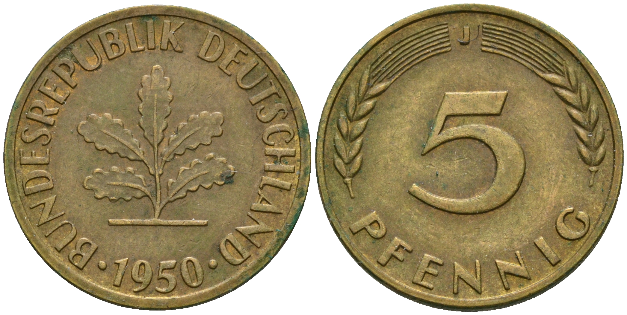 ФРГ 5 пфеннигов 1950 J KM 107, J.382 сталь плакированная латунью 4364-1547
