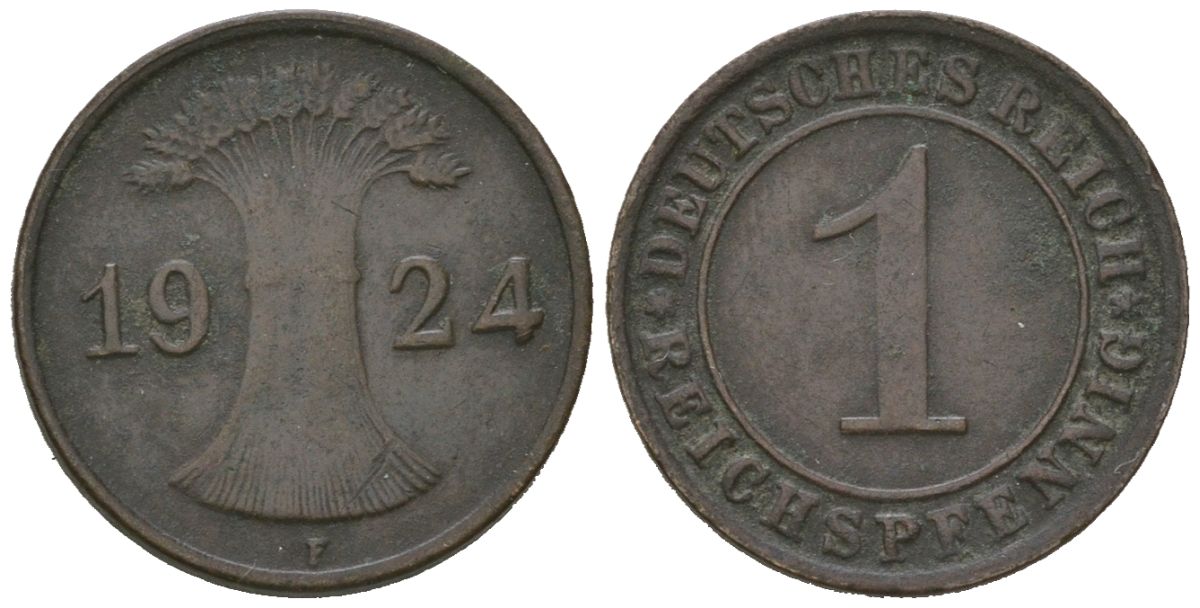 Германия 1 рейхспфенниг 1924 F KM 37, J. 313 бронза 4615-229