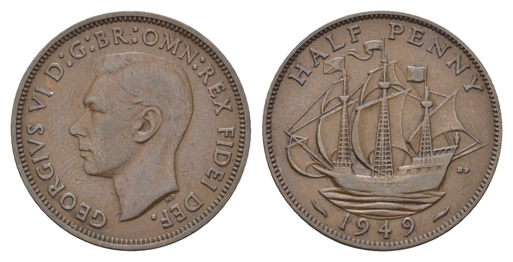 Великобритания 1/2 пенни 1949 Георг VI (1936-1952) KM 868, Spink 4118 бронза 4116-635