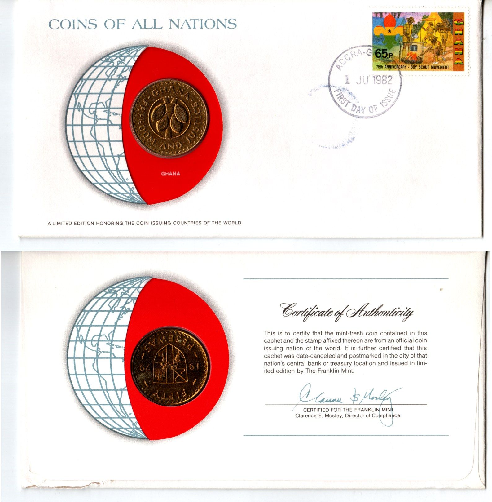 Гана 50 песев 1979 год-тип, конверт с маркой первого дня гашения, Coins of Nations KM 18 алюминиевая бронза UNC 4295-14-2