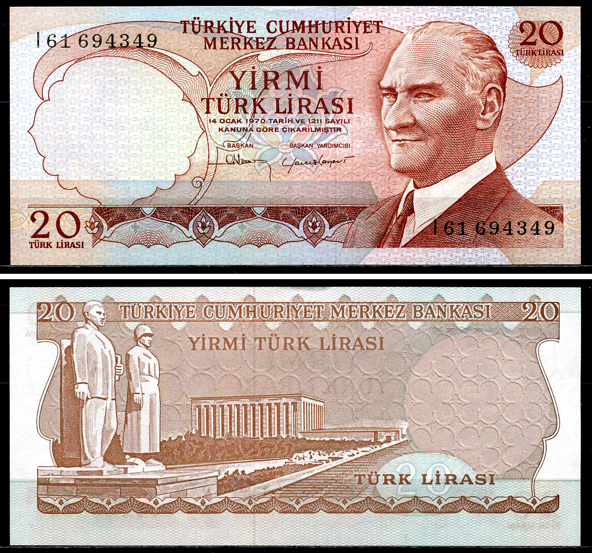 Турция 20 лир 1970 (1974) Кемаль Ататюрк Pick 187b бумага UNC (пресс) 446-96-1
