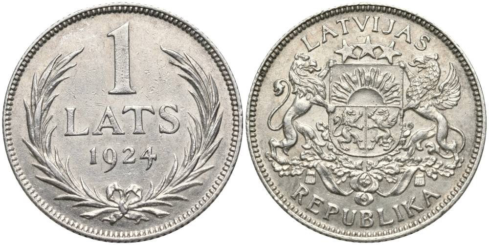 Латвия 1 лат 1924 Первая республика (1918-1939) KM 7 серебро 27-1233