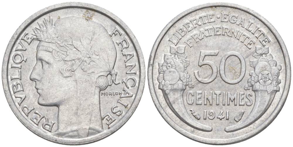 ФРАНЦИЯ 50 САНТИМОВ 1941 ТИП MORLON LOURDE KM 894.1a, LE FRANC 193.2 алюминий 44-252