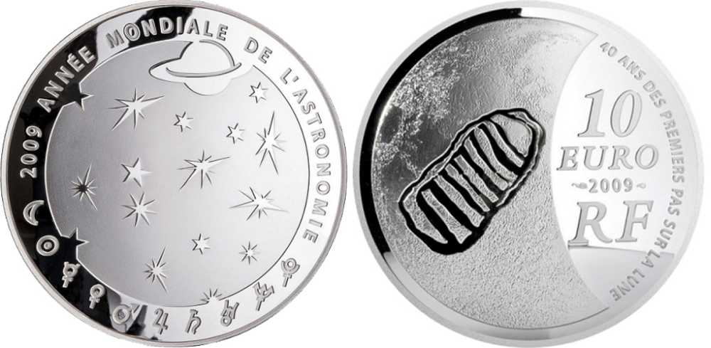 Франция 10 евро 2009 Международный год астрономии, 40 лет первой высадки на Луну, монета выпуклой формы, след астронавта на Луне, тираж 10000 экз. 4-3-3-29