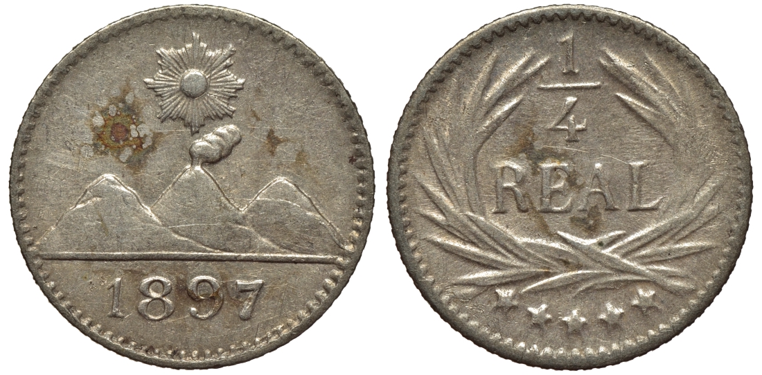 Гватемала 1/4 реала 1897 5 звезд, Испанское правление KM 162 серебро 112-1237