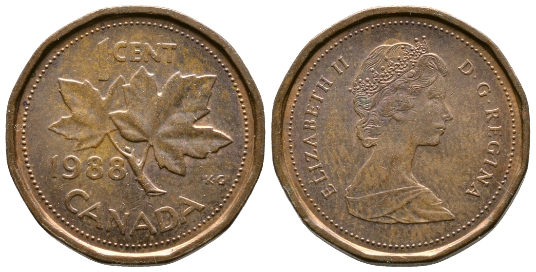КАНАДА 1 ЦЕНТ 1988 КЛЕНОВЫЙ ЛИСТ, ЕЛИЗАВЕТА II KM 132 бронза 36-934