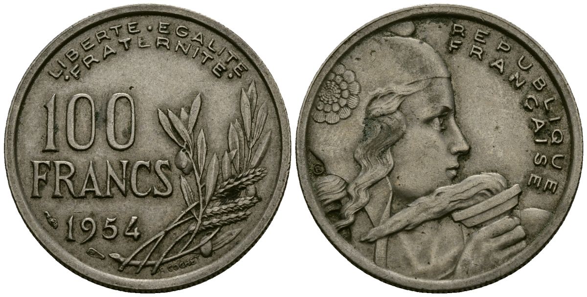 Франция 100 франков 1954 KM 919.1 медно-никель 4575-445