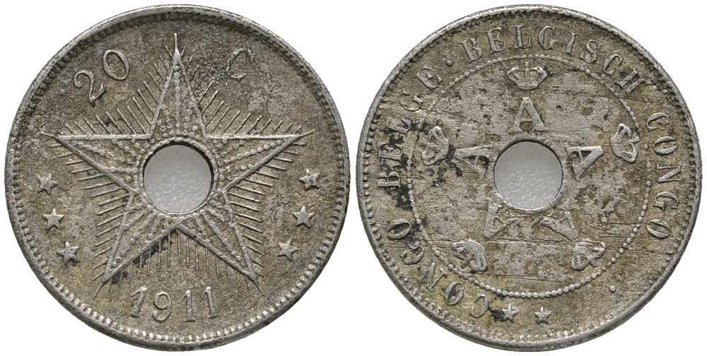 Бельгийское Конго 20 сантимов 1911 Альберт I (1909-1934) KM 19 медно-никель 34-657