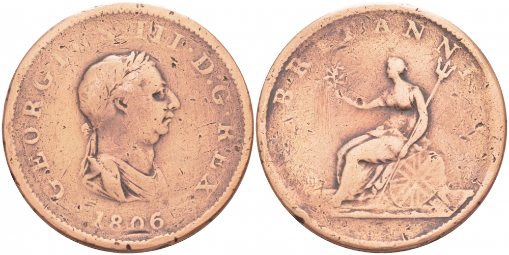 Великобритания 1/2 пенни 1806 Георг III (1760-1820) KM 662, Spink 3781 медь 4403-714