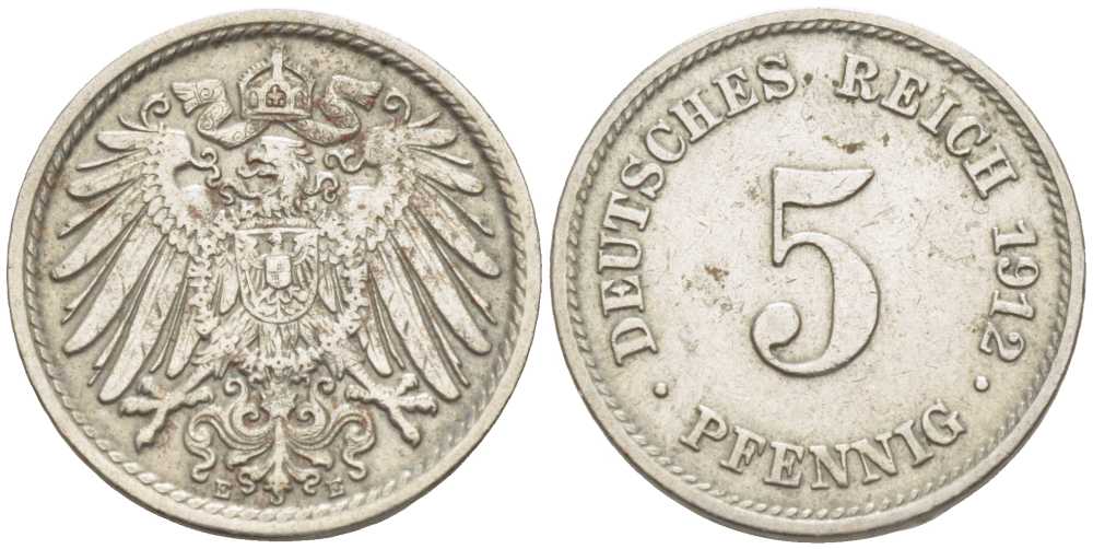 ГЕРМАНИЯ 5 ПФЕННИГОВ 1912 E KM 11, J. 12 медно-никель 105-155
