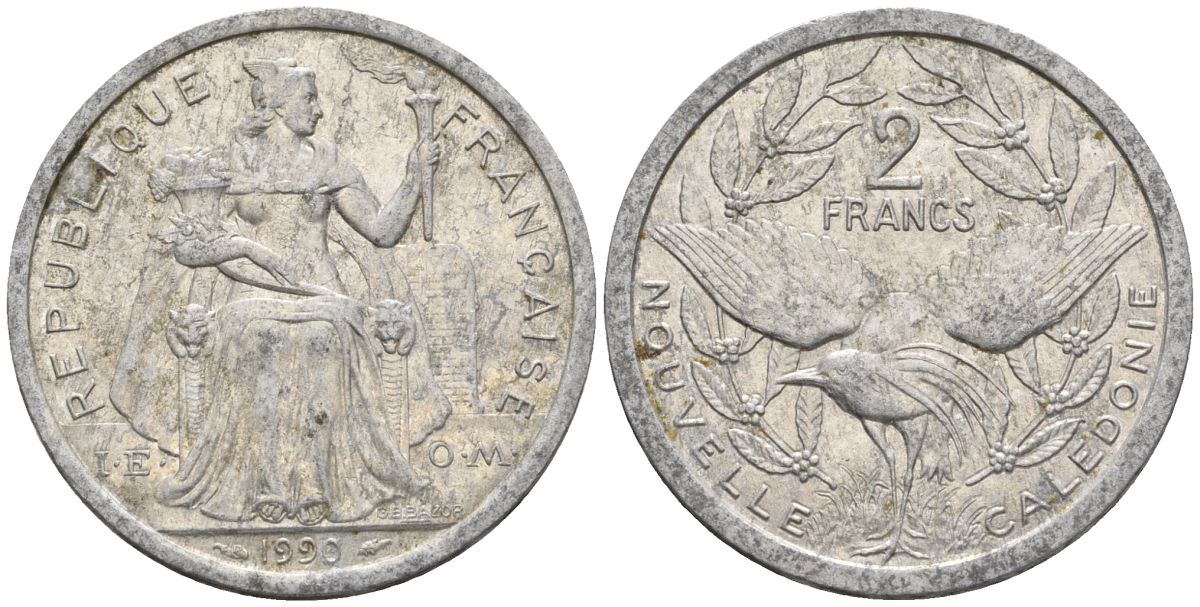 Французская Новая Каледония 2 франка 1990 птица кагу, (IEOM) KM 14, Schoen 11, Lec 66 алюминий    27-1154