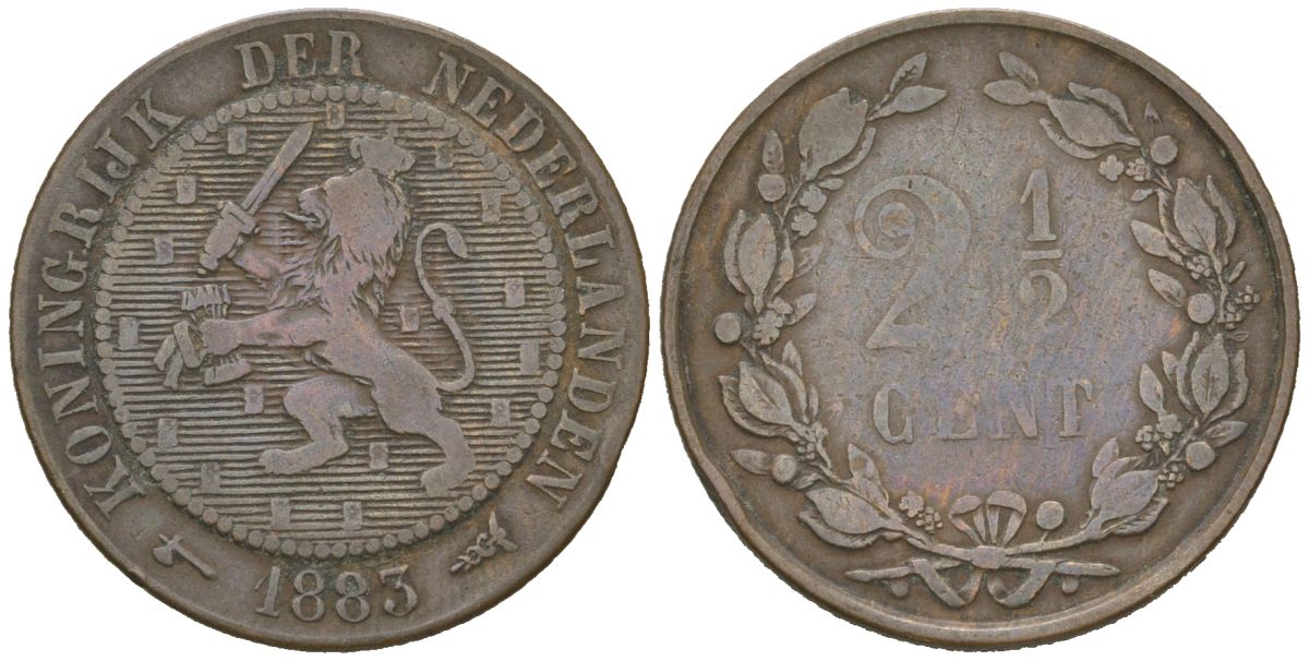 Нидерланды 2 1/2 цента 1883 Виллем III (1849-1890), тираж 400.000 экземпляров KM 108 бронза 4582-1126