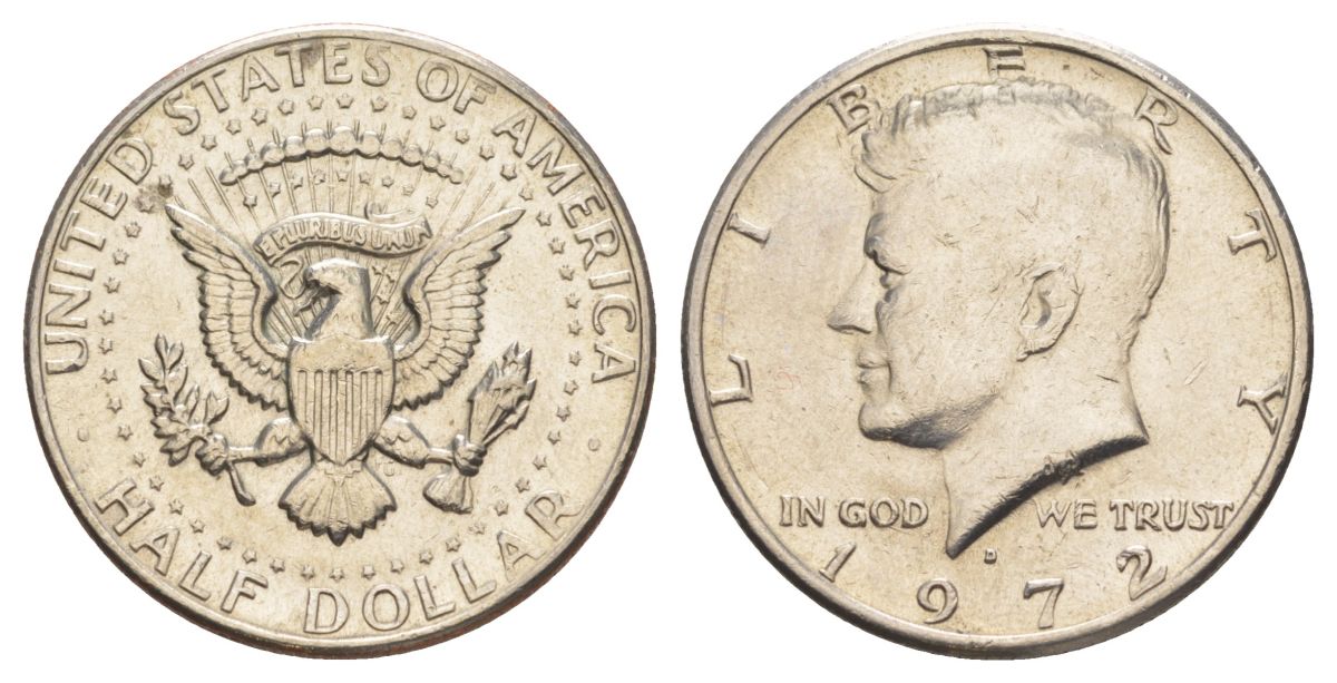 США 1/2 доллара (50 центов) 1972 D, Джон Кеннеди KM 202b медь плакированная медно-никелем aUNC 189-1133