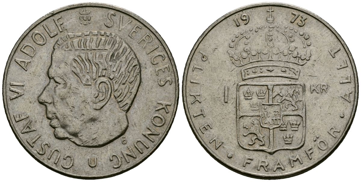 Швеция 1 крона 1973 Густав VI Адольф (1950-1973) KM 826a медь плакированная медно-никелем 4138-825