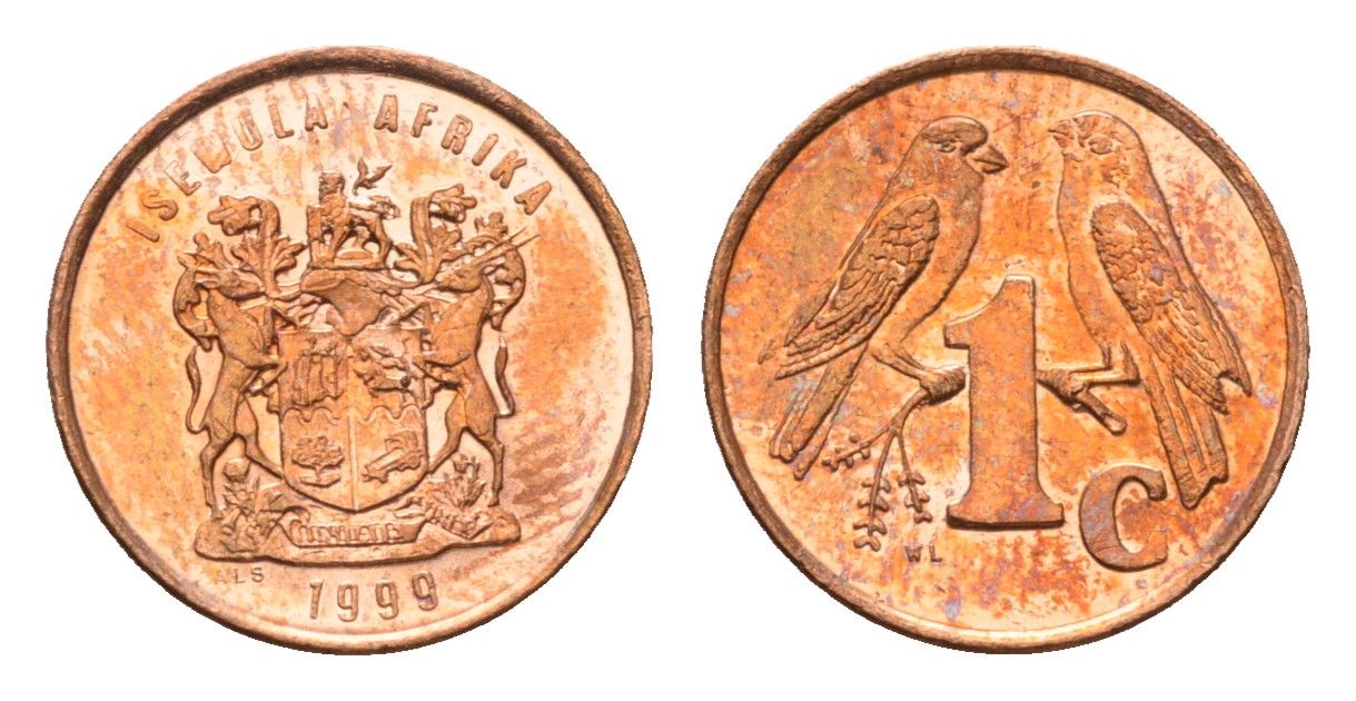 ЮАР 1 цент 1999 герб, капские воробьи KM 170 сталь плакированная медью UNC 4694-239