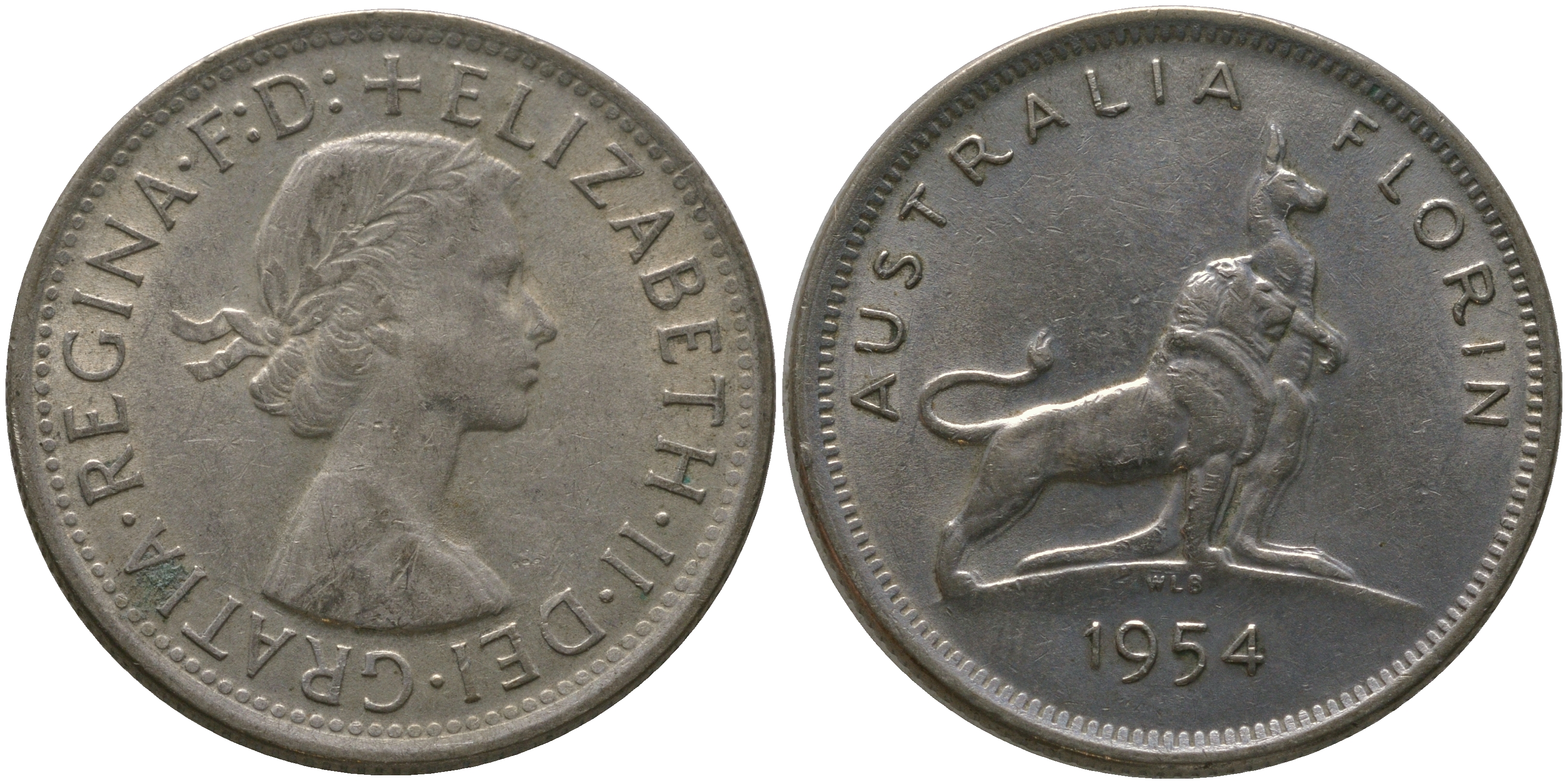 Австралия 1 флорин 1954 Елизавета II (1952-2022), английский лев и кенгуру, королевский визит KM 55 серебро 4168-243