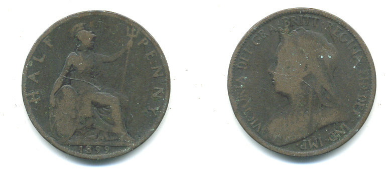 Великобритания 1/2 пенни 1899 Виктория (1837-1901) KM 789, Spink 3962 бронза 4383-342