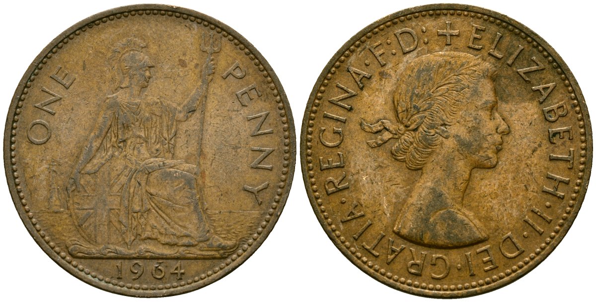 Великобритания 1 пенни 1964 Елизавета II (1952-2022) KM 897, Spink 4157 бронза 4120-816