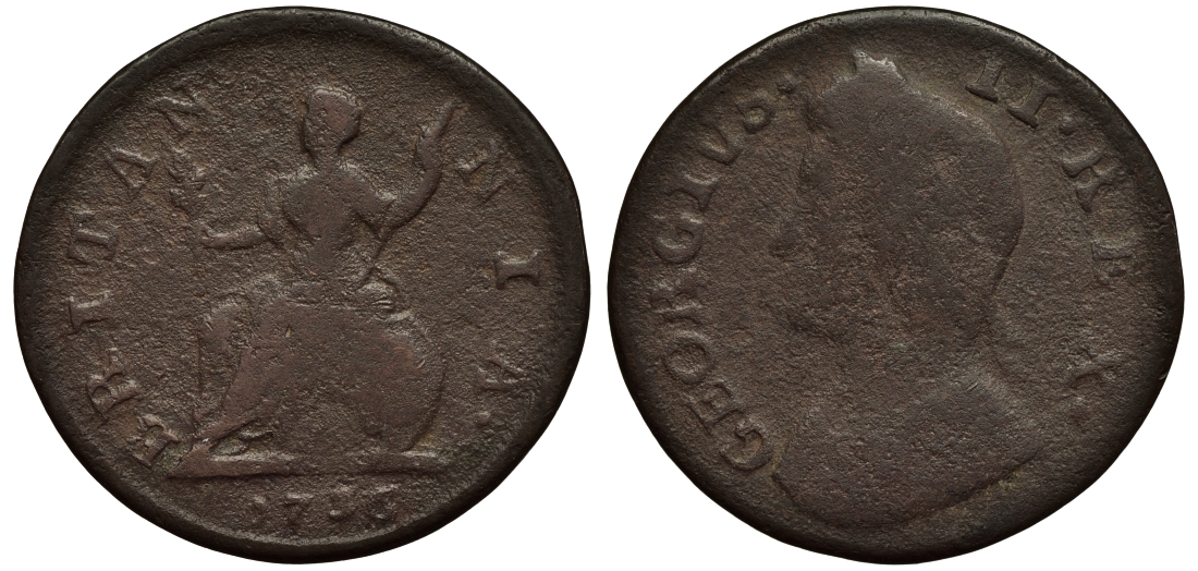 Великобритания 1 фартинг 1736 Георг II (1727-1760) KM 572.2, Spink 3720 медь 106-842