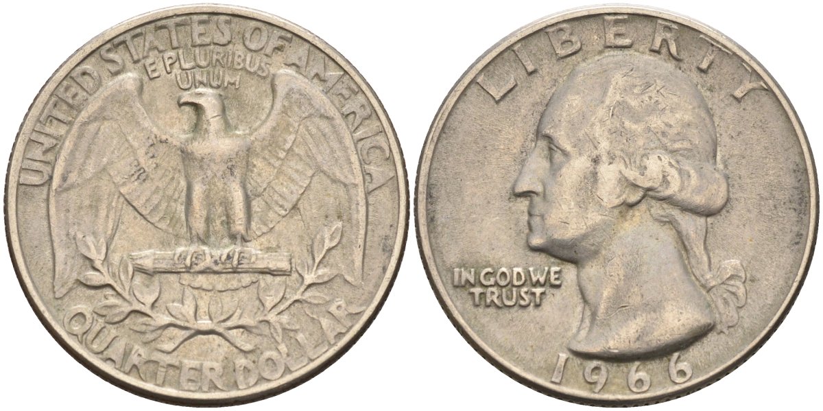 США 25 центов (квотер) 1966 Вашингтон KM 164а медь плакированная медно-никелем 4126-924