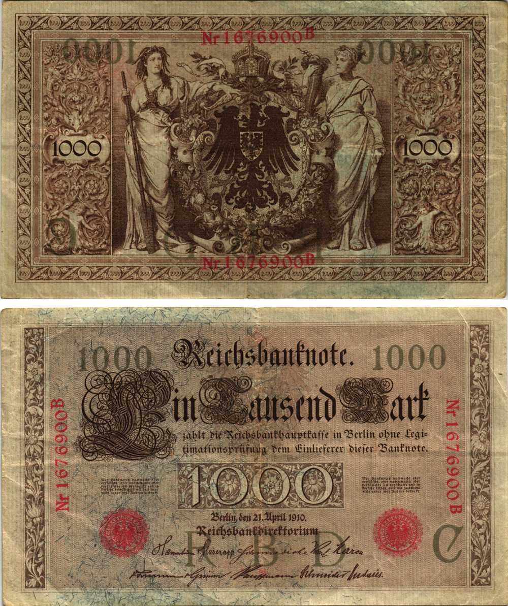 ГЕРМАНИЯ 1000 МАРОК 1910 21 АПРЕЛЯ 1910, СЕМИЗНАЧНЫЙ НОМЕР, СЕРИЯ В Pick 44b бумага 8610-5-1