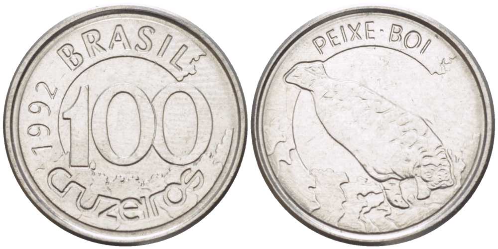 БРАЗИЛИЯ 100 КРУЗЕЙРО 1992 РЕФОРМА 1990-1993, ЛАМАНТИН KM 623 нержавеющая сталь 4392-745