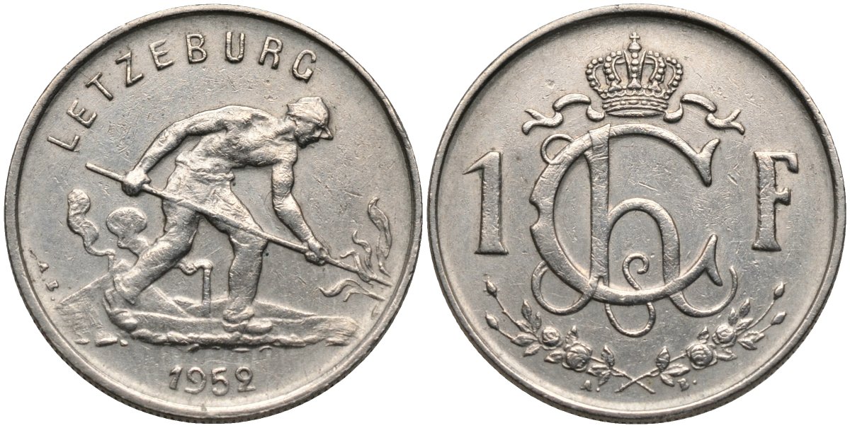 Люксембург 1 франк 1952 Шарлотта (1918-1964), сталевар KM 46.2 медно-никель 4175-357