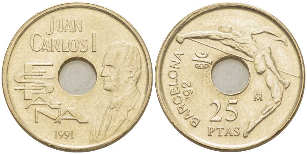 ИСПАНИЯ 25 ПЕСЕТ 1991 ХУАН КАРЛОС, ОЛИМПИАДА В БАРСЕЛОНЕ 1992, ПРЫЖКИ В ВЫСОТУ KM 852 никель бронза 213-211