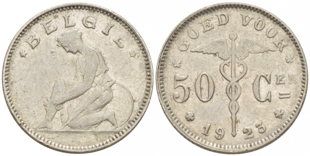 БЕЛЬГИЯ 50 САНТИМОВ 1923 BELGIE KM 88 никель 261-1658