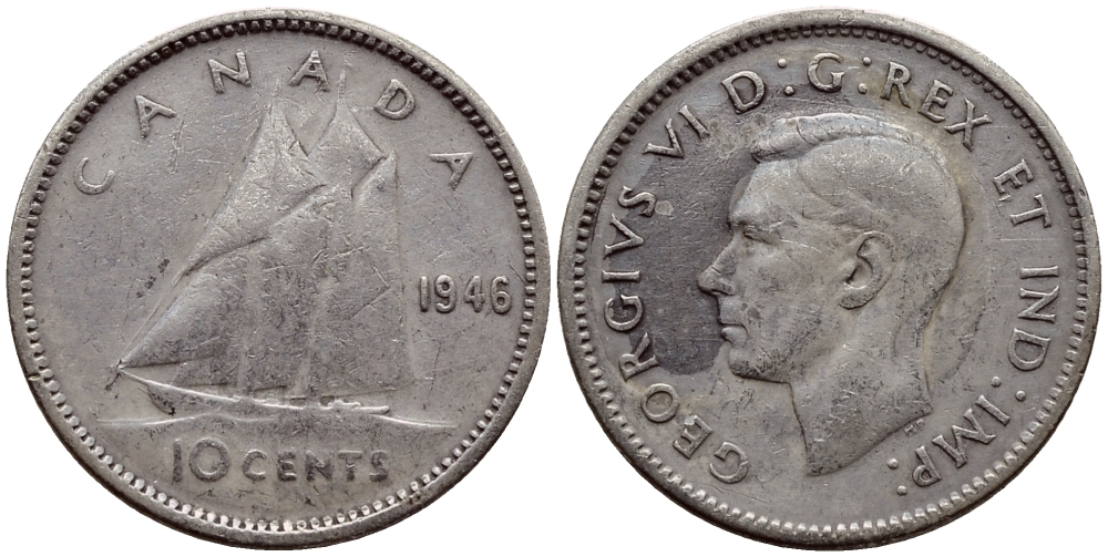Канада 10 центов 1946 Георг VI (1937-1952), парусник KM 34 серебро 08-1458