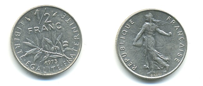 ФРАНЦИЯ 1/2 ФРАНКА 1975 KM 931.1 никель 25-934